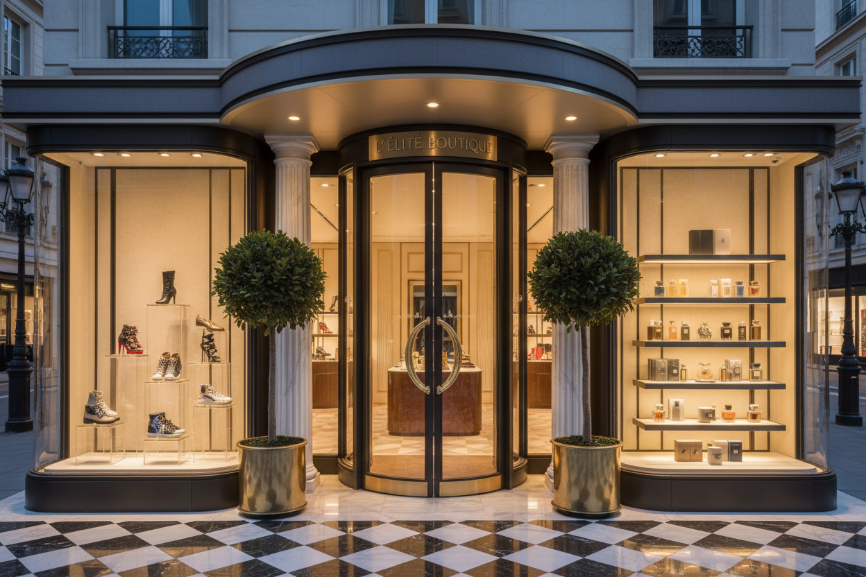 A luxury entrance to a shoe and perfume shop